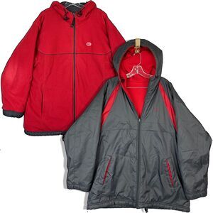 Nike Men Large / XL Reversible Jacket Hood Gray Red Fleece Lined Swoosh Spellout